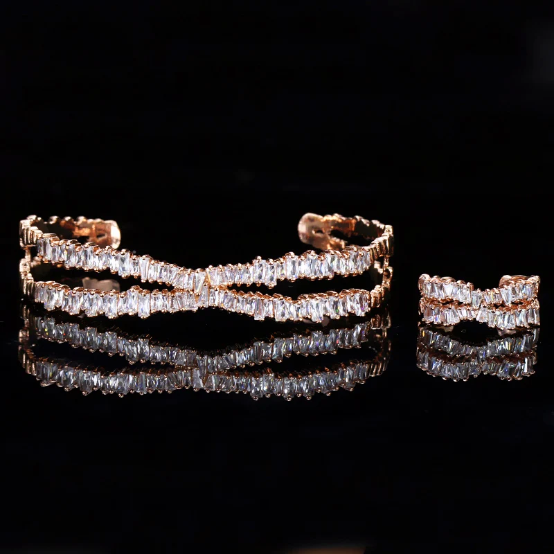 Elegant Rose Gold Plated Cubic Zircon Stone X Shaped Cuff Bangle and Ring Fashion Jewellery Set for Women Party Wear Accessories