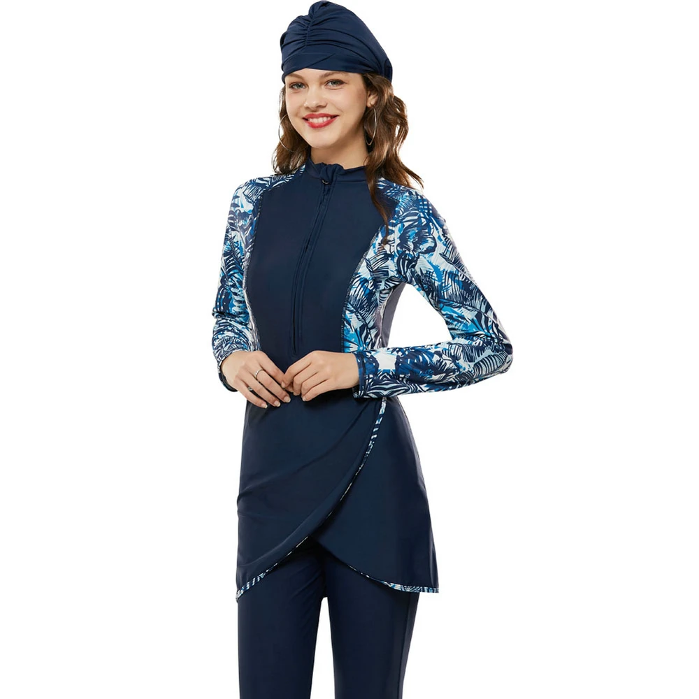 

2020 Navy mature Modest Islamic Swimwear Sportswear Long Pants Long Sleeves Skirts Women Muslim Burkini Swimsuit, Navy with floral printed