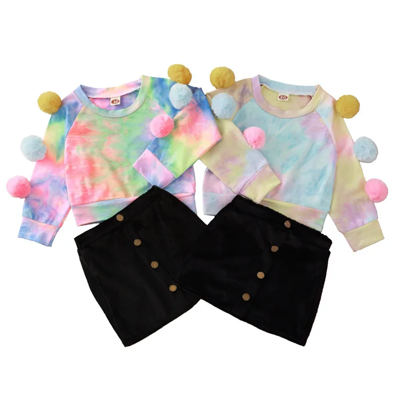 

2020 Spring Autumn Tie dye long sleeve black short button skirt suit children baby girl dresses for hot selling, As pic shows, we can according to your request also