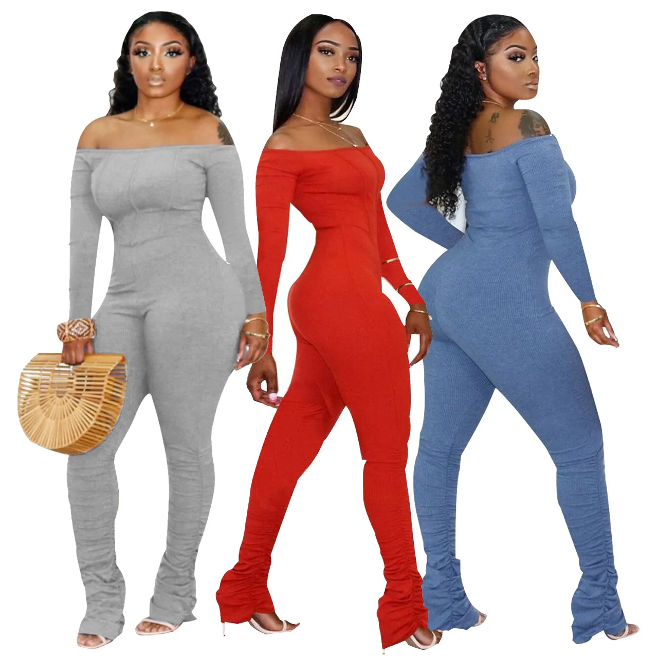 

Q684 Wholesale Custom Solid Color Ladies Sexy Off Shoulder Long Sleeve Bodycon Women Stacked Jumpsuit