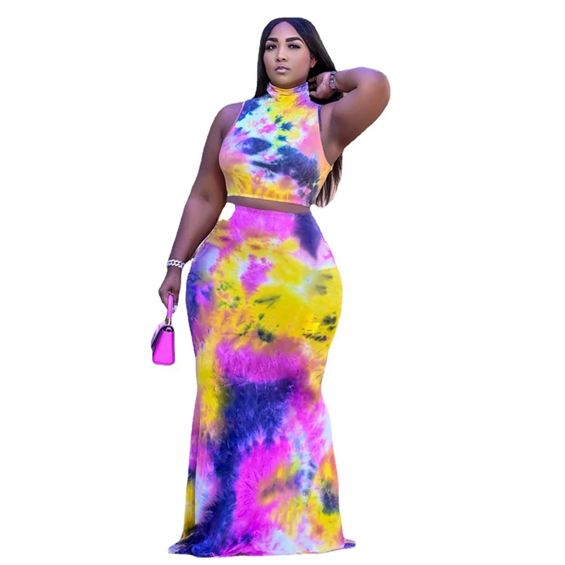 

Hot fashion style tie-dye sleeveless high collar plus size skirt sets