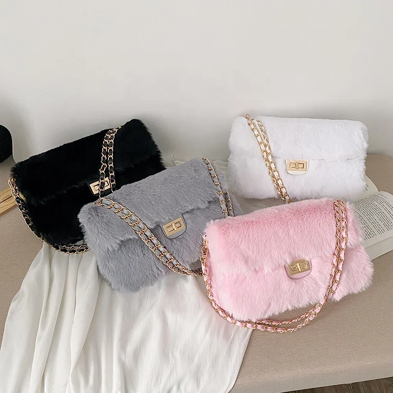 

New ladies purses faux fur bags plush designer handbags lady fashion handbag wholesale purses and handbags women hand bags, 4 colors