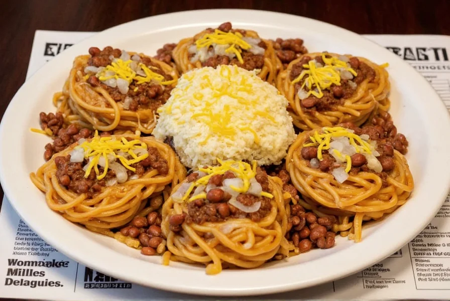 Platter showing Mike's Chili five-way dish with spaghetti, chili, cheese, onions, and beans arranged traditionally
