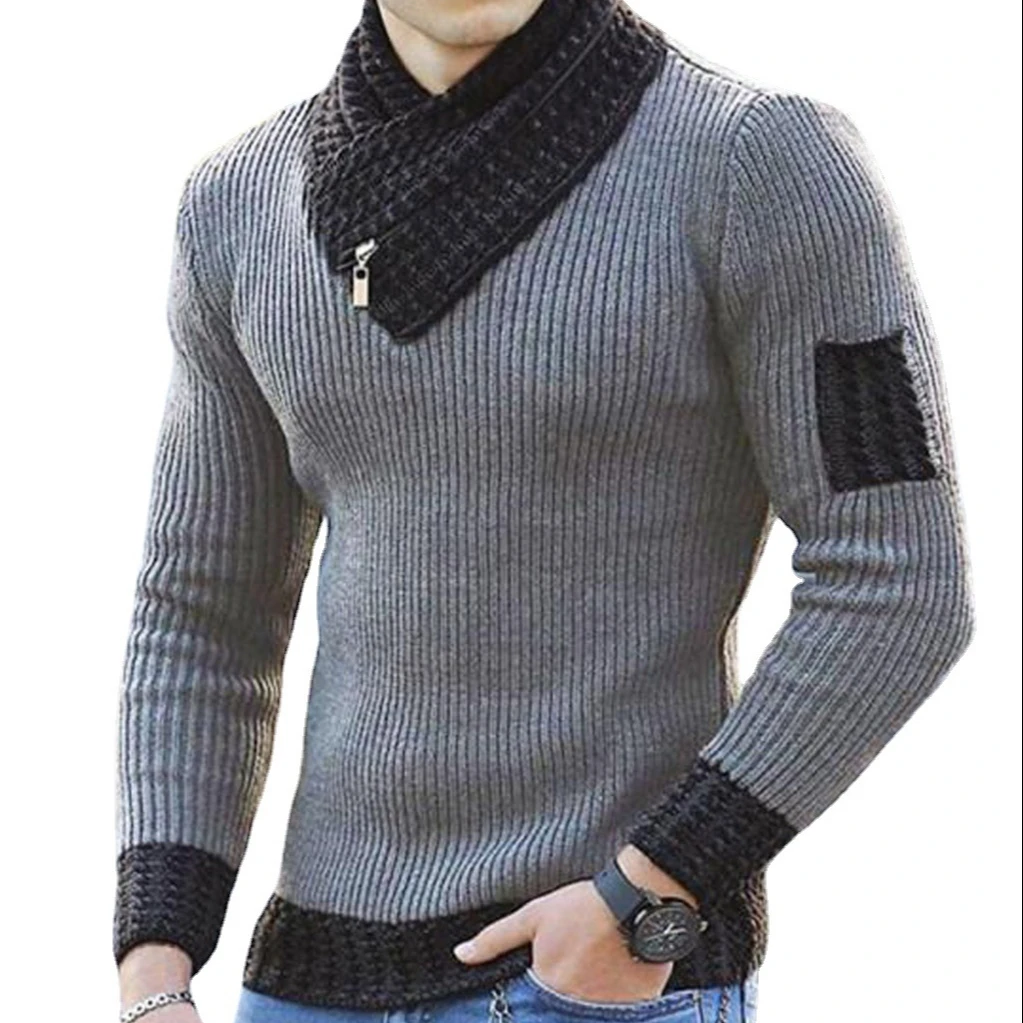 

New European and American men's leisure slim knit pullover long sleeve scarf neck sweater men's wear, Picture