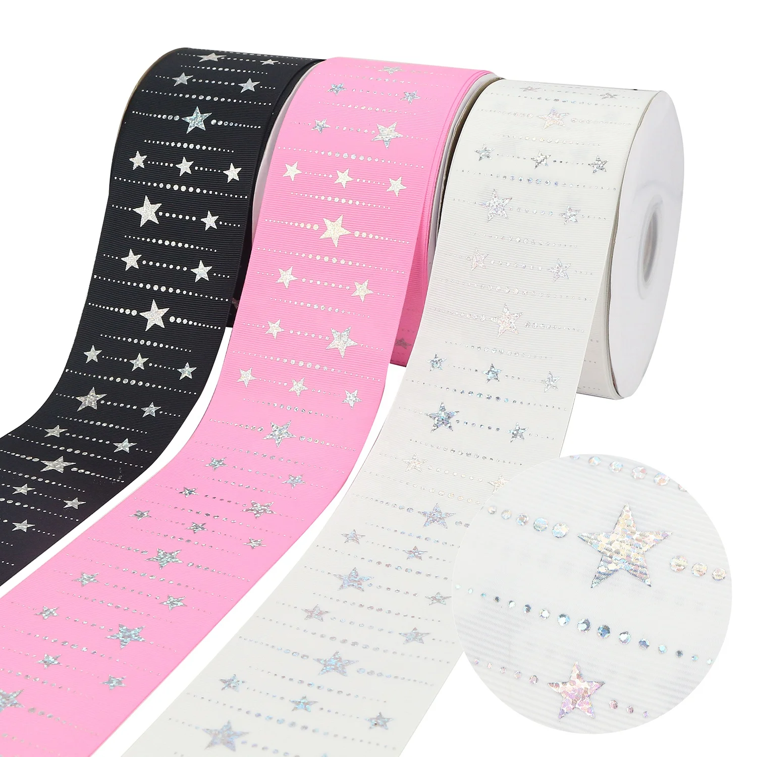 

Midi Ribbons Silver Hologram Star Printing 75mm Grosgrain Ribbons Custom Personal Ribbon, Request