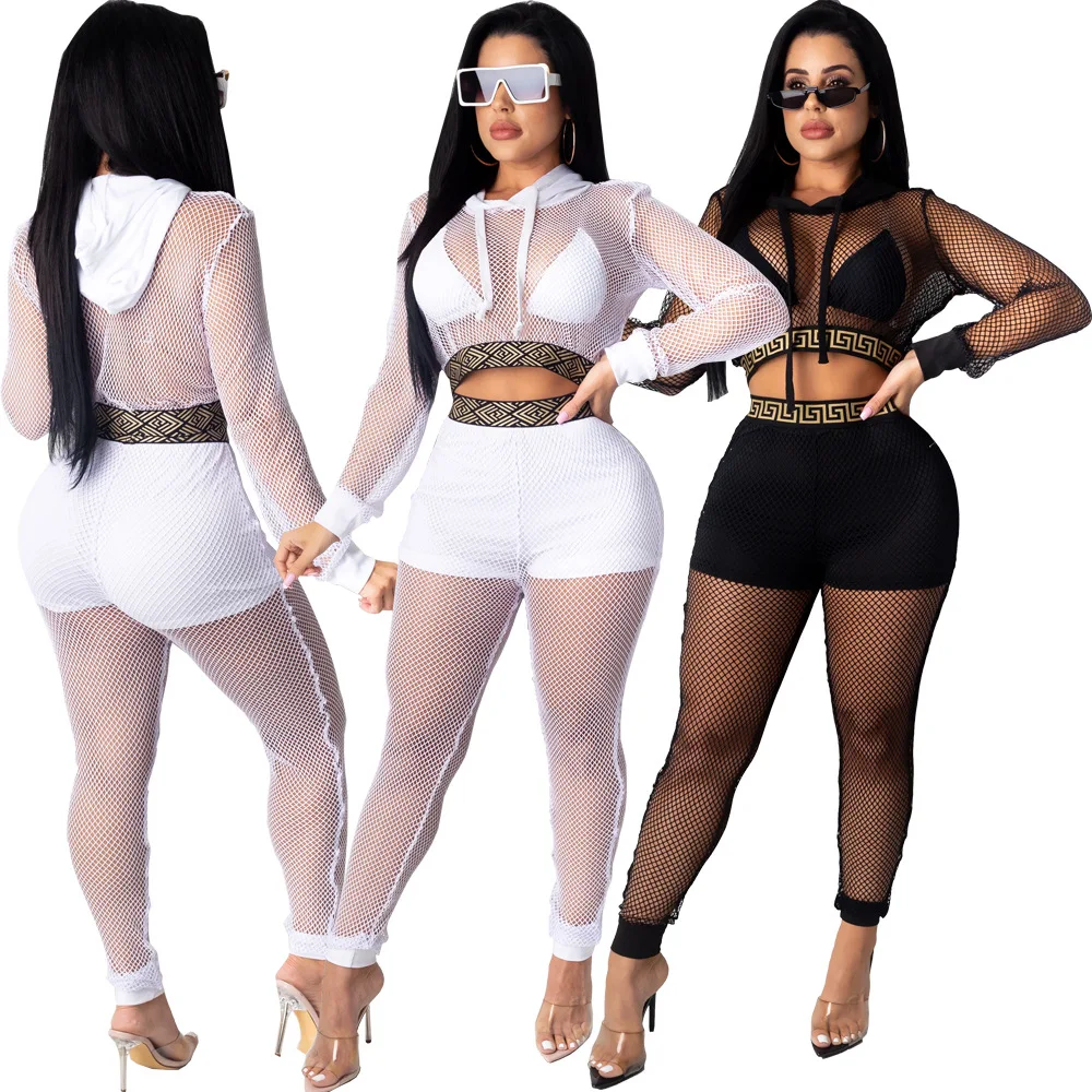 

CQ-070 Sexy Nightclub Women'S Mesh Stitching Hooded Two-Piece Suit