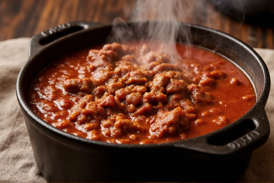 Authentic Texas-style chili con carne served in a cast iron pot with steam rising, showing rich dark red color and visible meat chunks