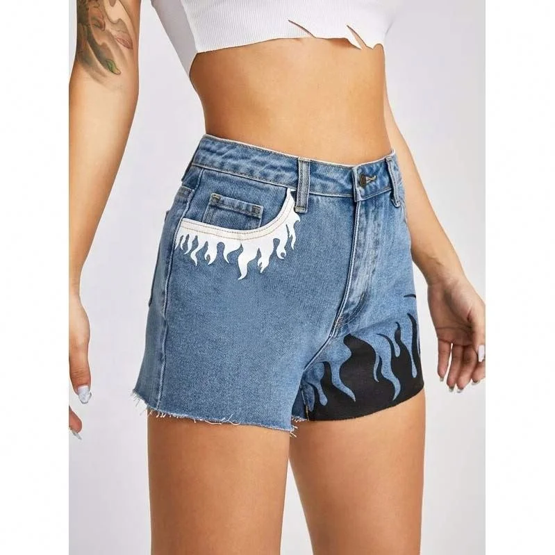 

Amazon Hot Sell High Quality Women Med Blue Short Jeans Flame Print Cotton Rew Hem Denim Shorts Pants For Girls