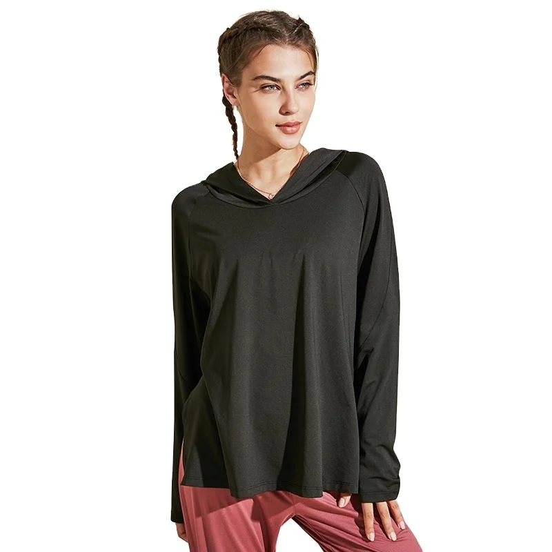 

Women tops plain loose black blank long sleeves sport running jogging jogger t shirt smock blouse with hoodie, Picture shows