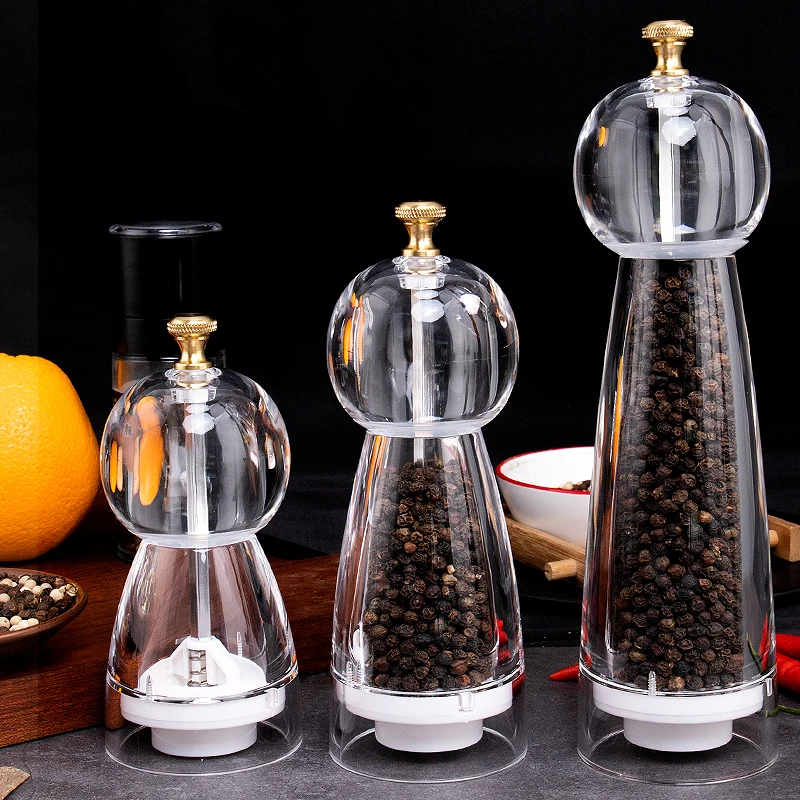 

High Quality Clear Kitchen Mills Clear Acrylic Sea Salt and Pepper Grinder With Ceramic Grinding, Natural wood