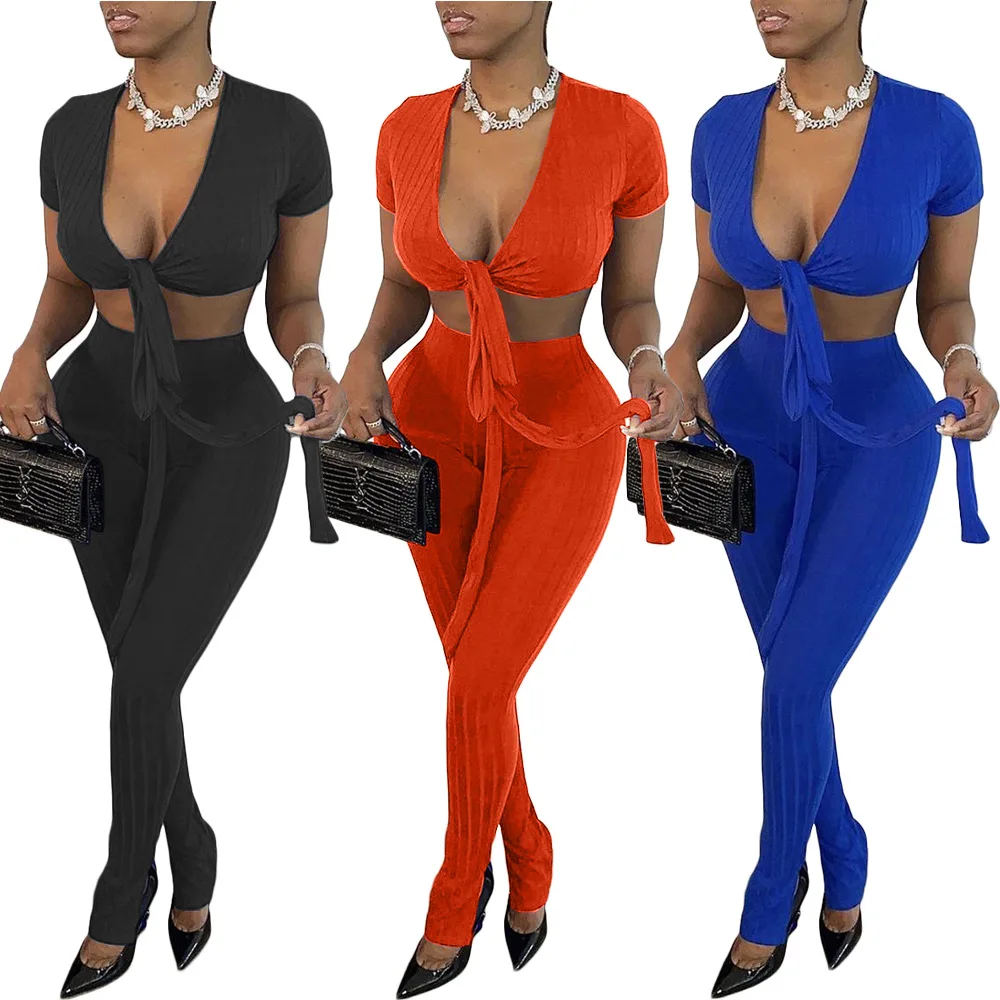 

Fashionable V-neck sexy women's 2021 hot style solid color pit strip wrapped chest slit tight trousers two-piece suit