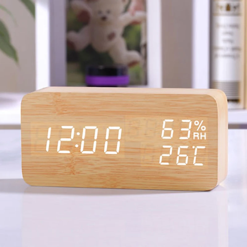 

Natural Eco-friendly Double LED MDF Wooden Temperature Humidity LED Digital Alarm Clock