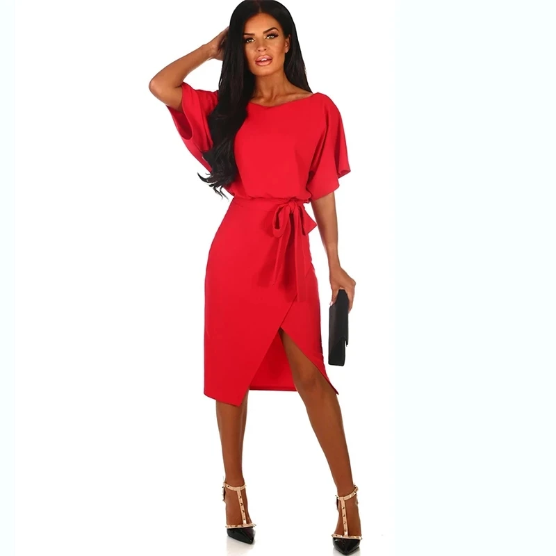 

QRWR Sexy Summer Clothes for Women Side Split Fashion A-Line Elegant Batwing Sleeve Ladies Dresses Sheath Bodycon Midi Dress
