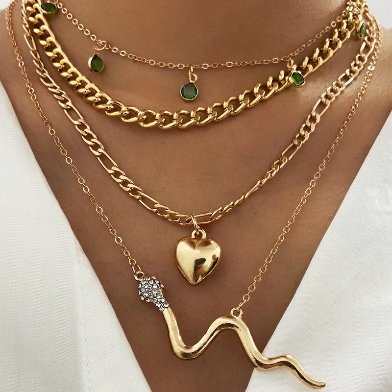 

Trendy Gold Snake Heart Pendant Necklace Boho Multilayer Link Chain Necklaces Women Party Jewelry