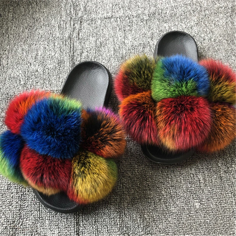 

2021 New Style Fashion Raccoon Fur Slides Flip Flop Custom Colors Fox Fur Ball Slippers Womens, Color matching