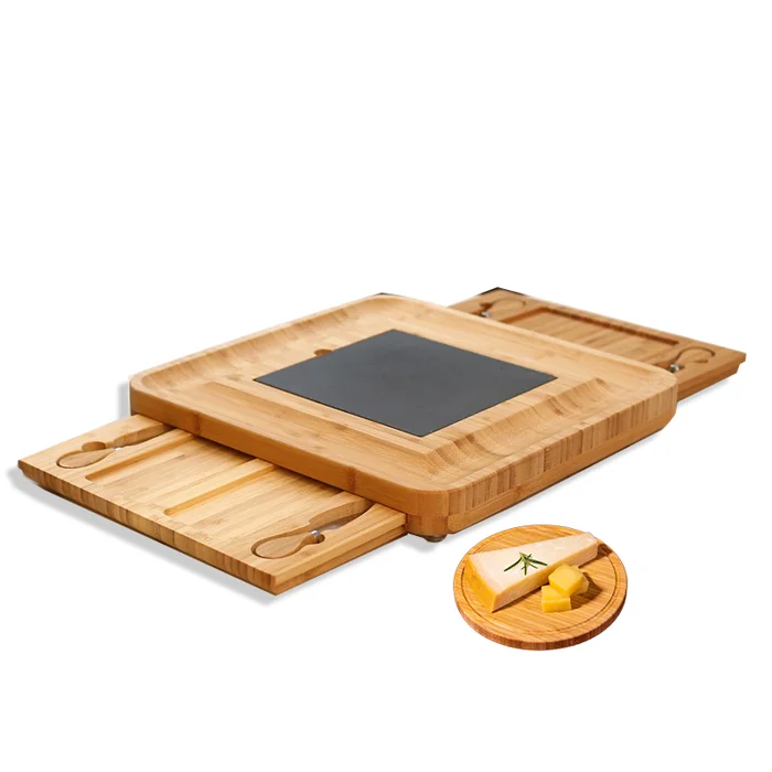 

amazon top seller low MOQ thick wholesale natural bamboo cheese board and knife set with slate plate cutting board