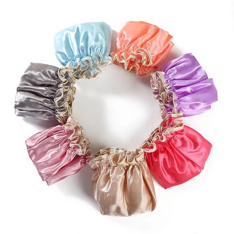 

Simple Design ECO-friendly Double Layers Waterproof Shampoo Satin Adult Shower Cap, 4 colors
