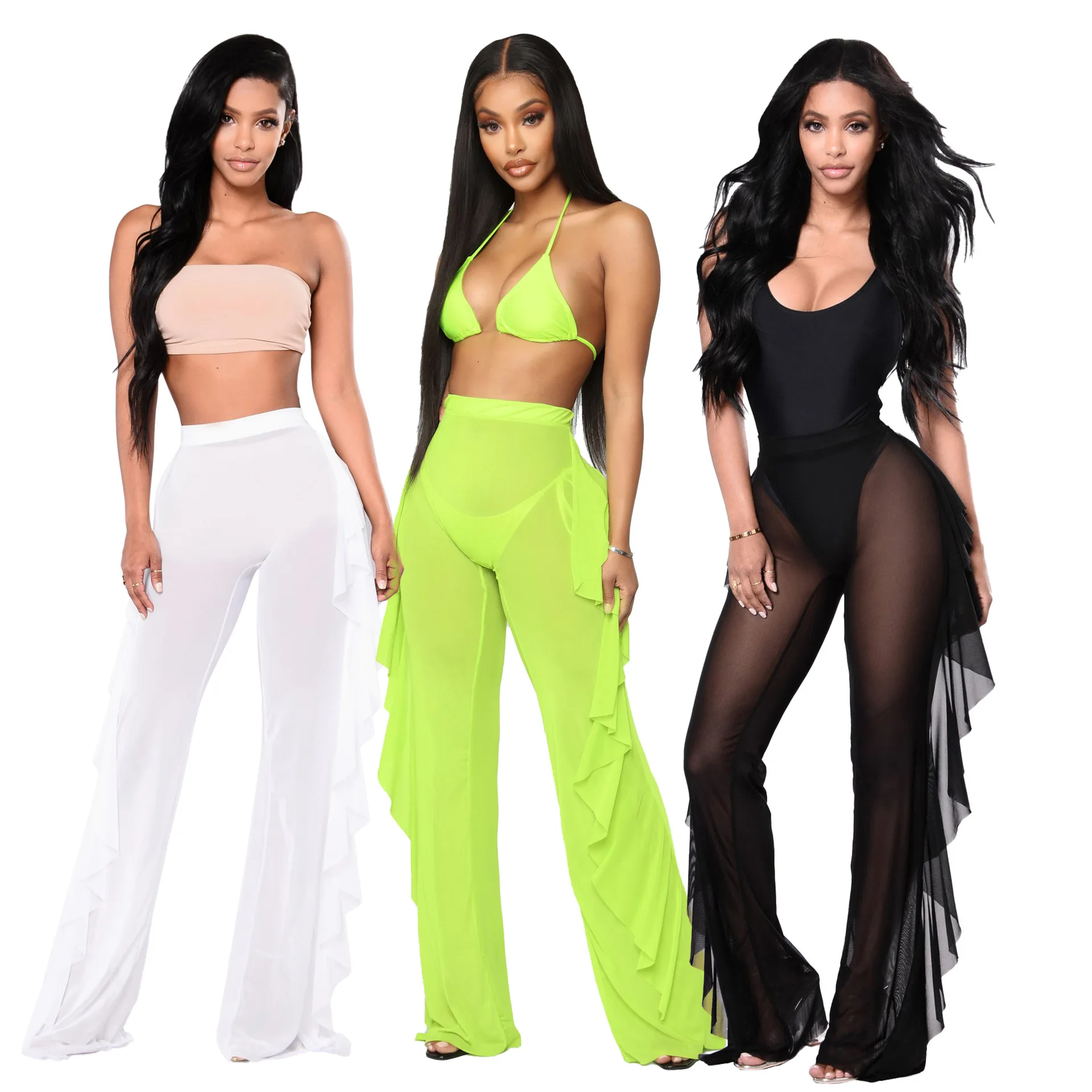 

Women Sheer Mesh Ruffle Beach Pants Bottom Cover Up Beachwear Sexy Swimsuit Bikini
