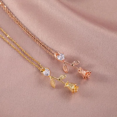 

Simple Korean Style Rose Flower Pendant Necklace Dainty Heart Crystal Rose Necklace For Women, As show