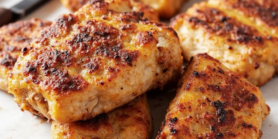 Searing chicken breast with blackened seasoning in cast iron skillet