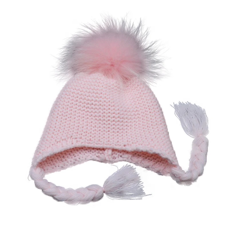 Baby kids winter warm fur pom pom hats ear flap winter hats boy girl cute fur ball hats