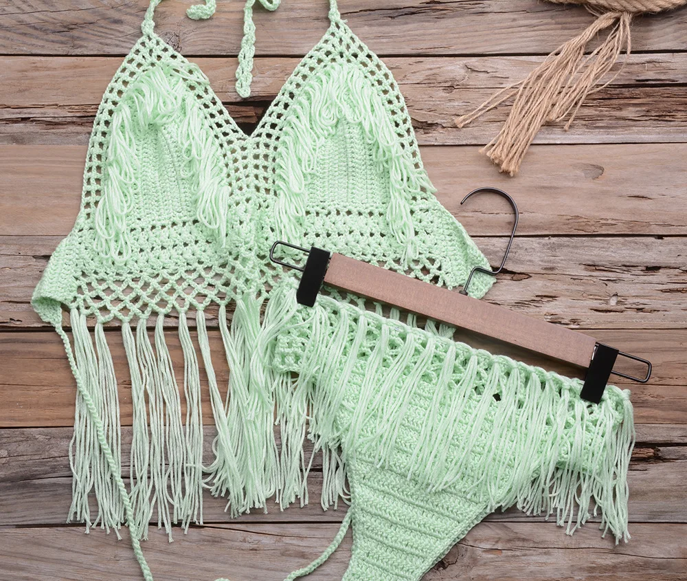 Hot Bikini Halter Crop Top Handmade Crochet Swimsuit Summer Beachwear