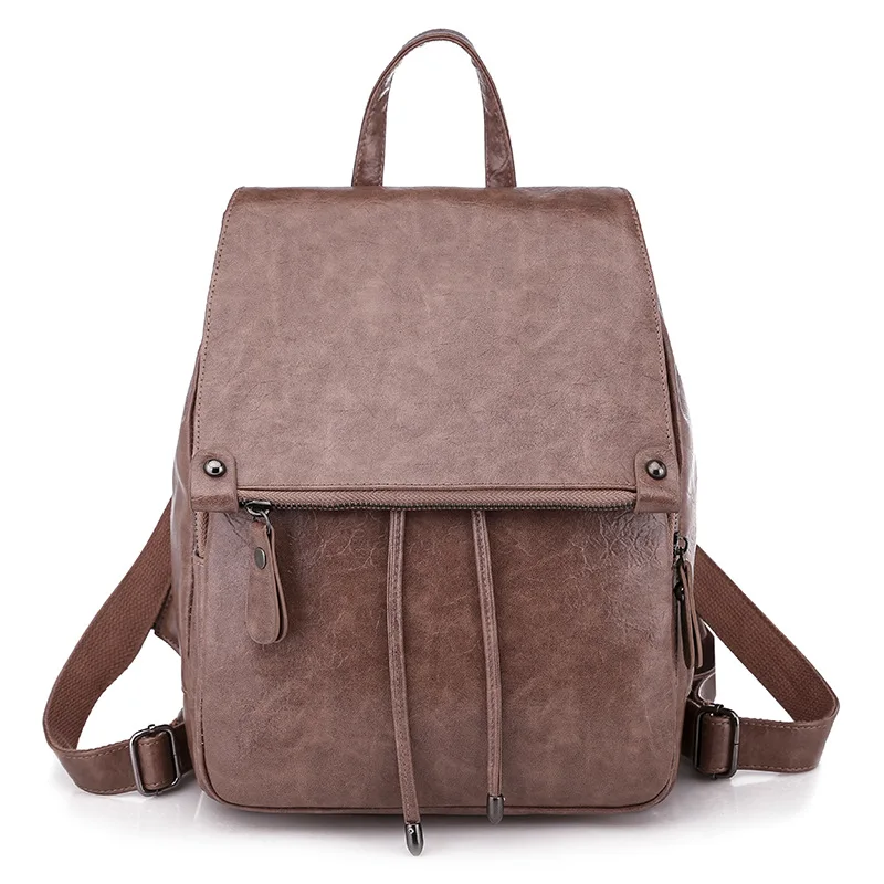 

2021 Fashio Vintage Solid Color High Quality Leather Drawstring Women Backpack