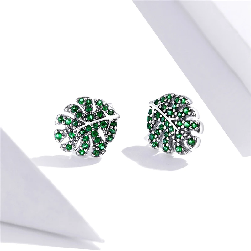 

2020 New Fashion Jewelry 925 Sterling Silver Green Cz Leaf Monstera Earrings Women