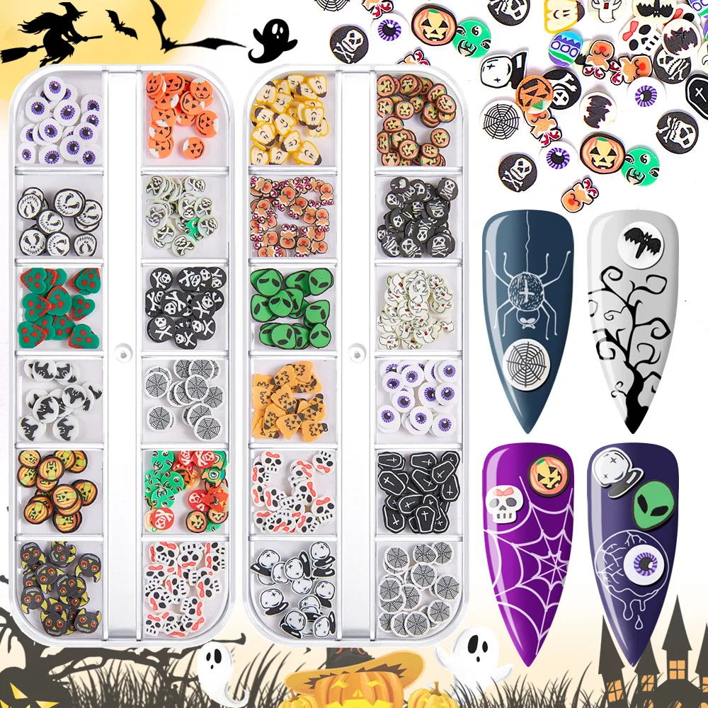 

Newest Hot Halloween manicure soft pottery pumpkin witch ghost skull glitter powder nail sequin jewelry