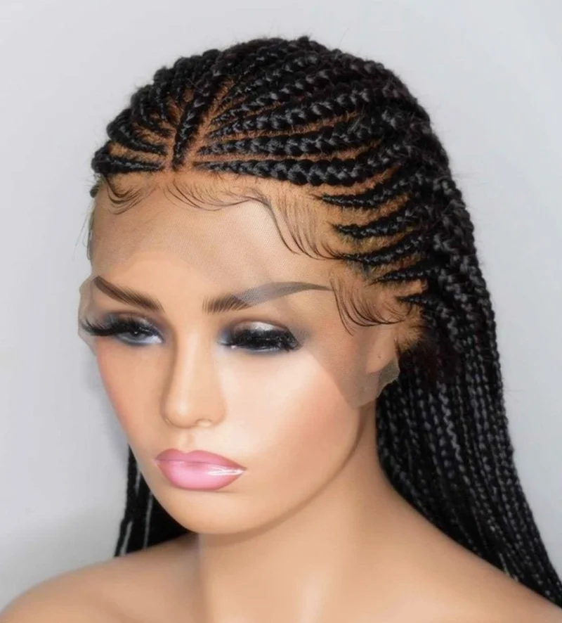 

wholesale Glueless knotless cornrow use synthetic to braid on human hair wig braided lace wig for black women