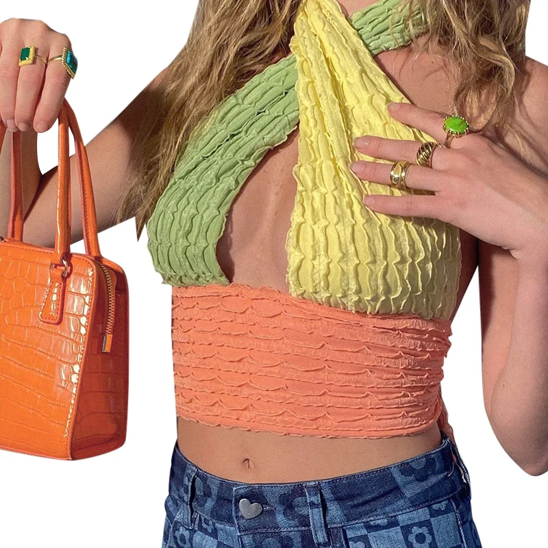 

2021 New Arrivals Fashion Sexy Hollow Out Colorful Sexy Backless Helter Vest Women Summer Ruffle Crop Top