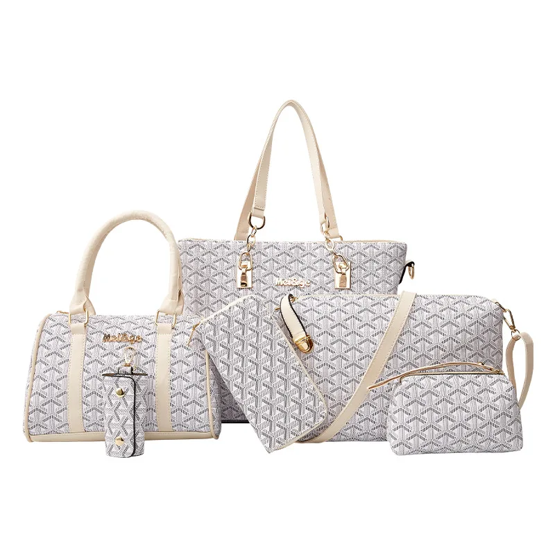 

New design 6 pieces in 1 ladies hand bags PU leather women handbags crossbody sling bag wallet makeup bag set for woman, 5 colors