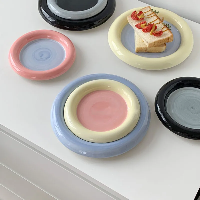

Solhui Korean INS Ceramic Doughnut Plates Cream Splicing Colored Dessert Plate
