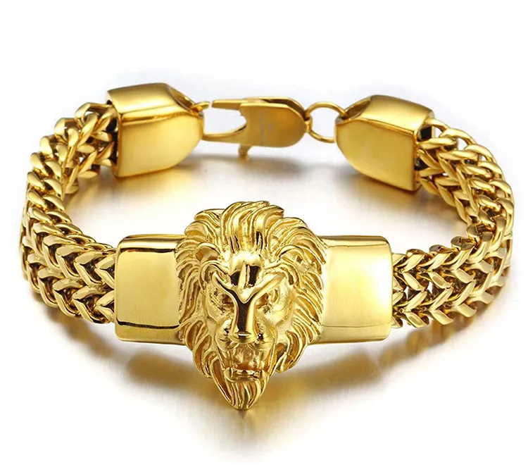 

18K Gold Stainless Steel Double Chain Hip Hop Lion Head Bracelet Heavy Chunky Franco Chain Cuban Link Lion Head Bracelet, Picture shows