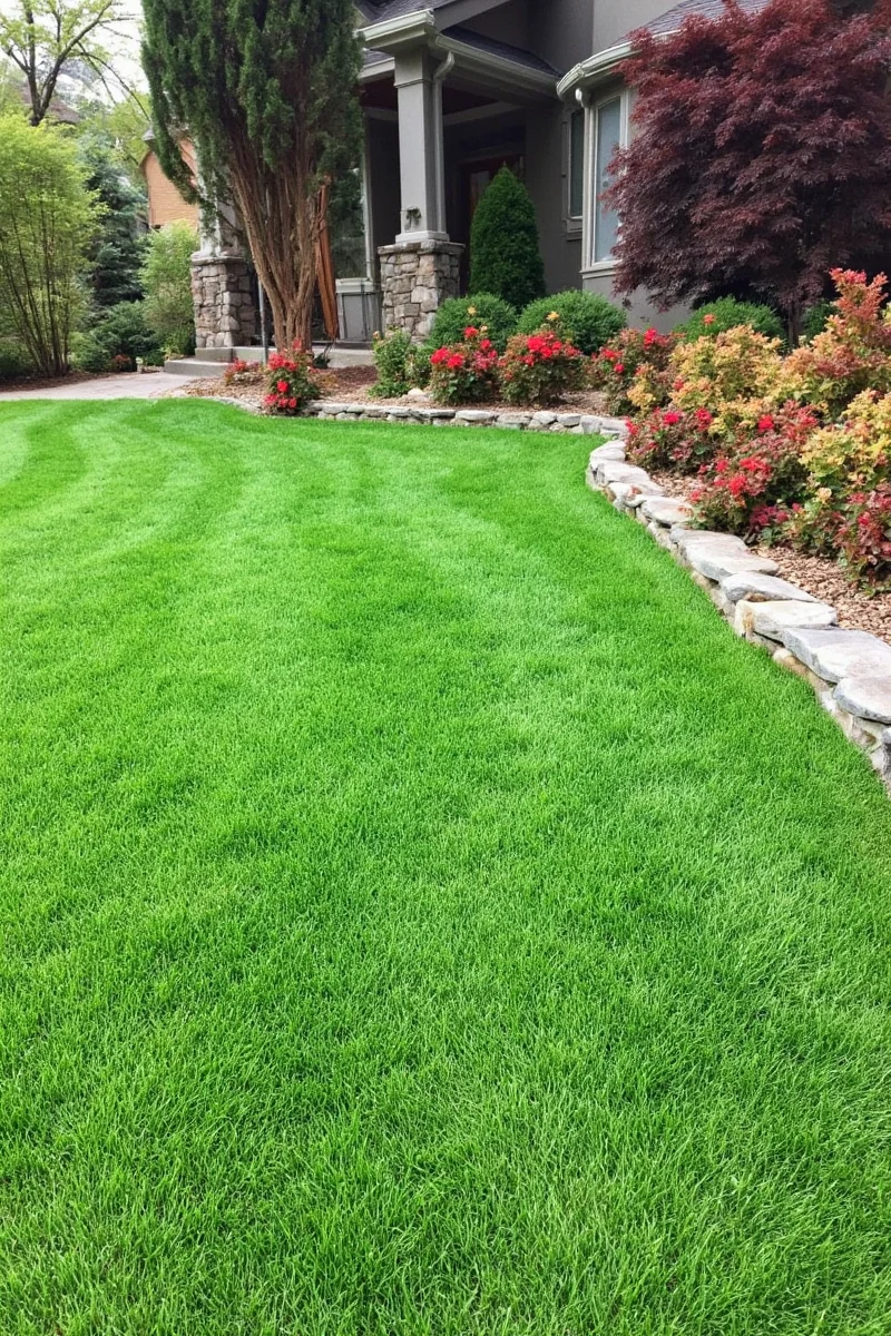 Golden Retriever running on a vibrant green artificial lawn with minimal landscaping