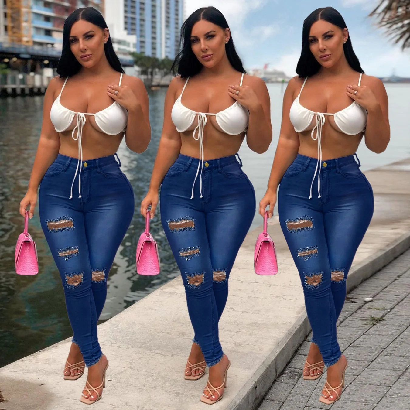 

2021 Drop Shipping High Waist Solid Color Fashion jeans trousers for women jeans for woman sexy plus size jeans for women, Picture