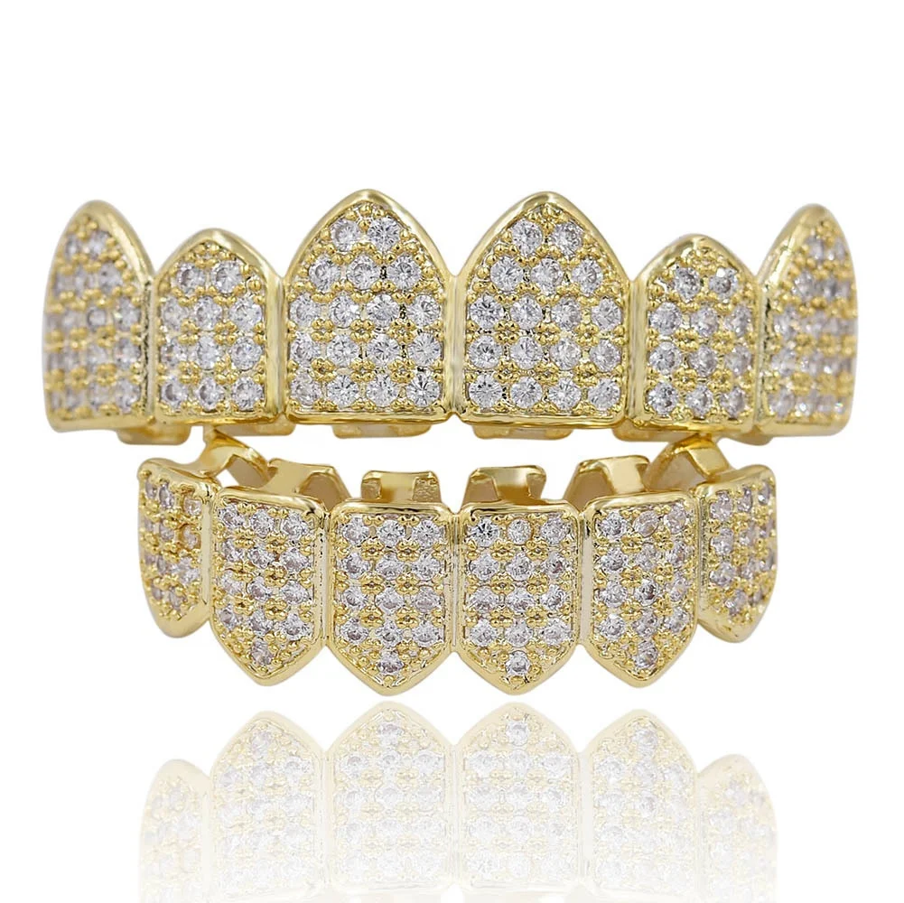 

Hip Hop Grills Teeth Grillz Gold Color Plated High Quality Tooth Grillz Micro Pave CZ Top & Bottom GRILL Mouth Teeth Grills Sets
