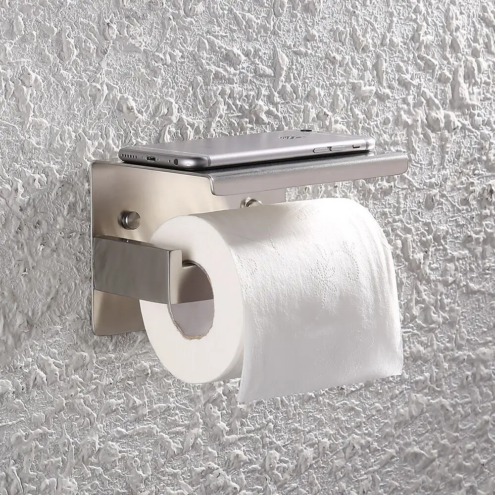 

Wall Mount Self Adhesive Brushed Nickel Toilet Tissue Hanging Paper Holder with Phone Shelf.