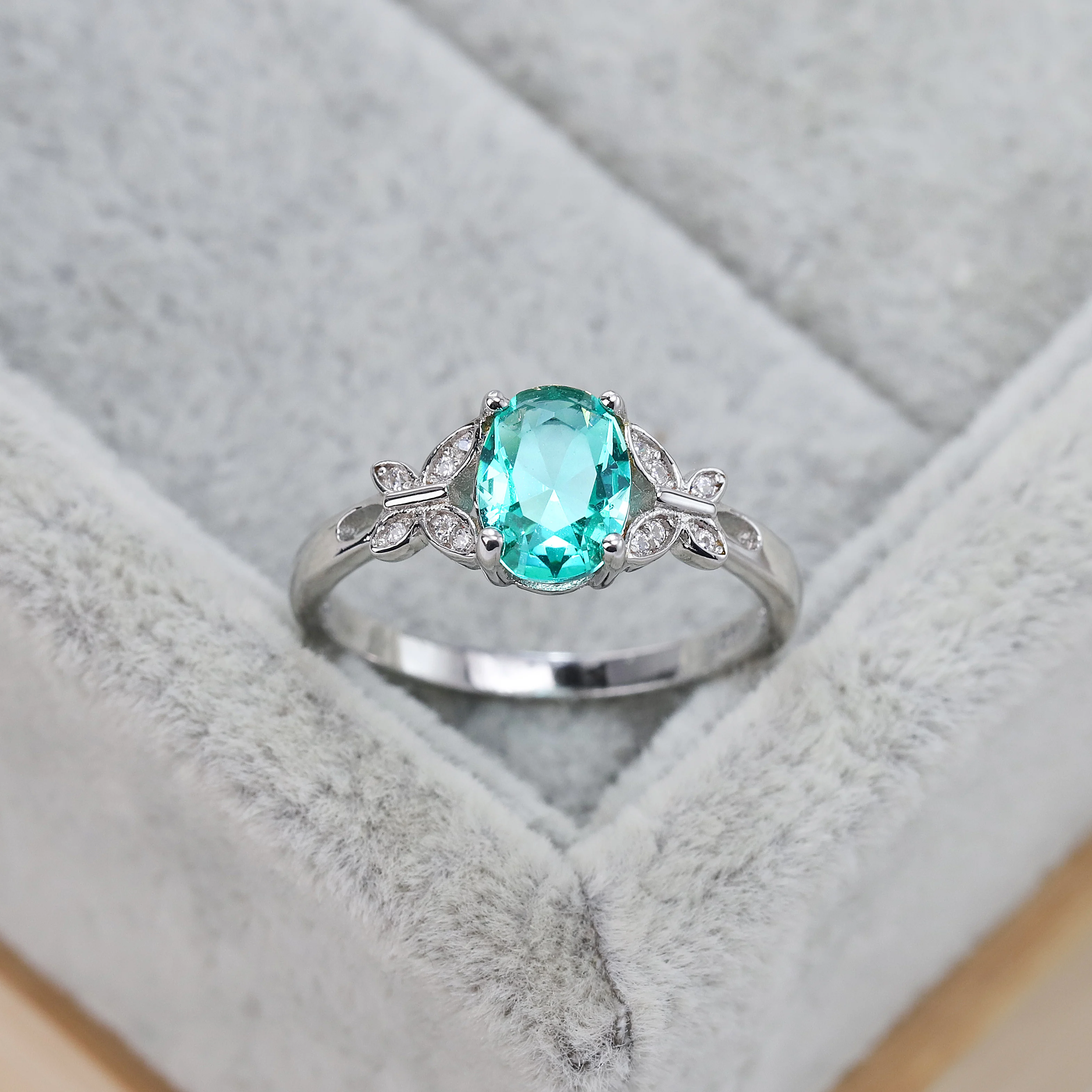 

Best selling S925 silver fashion luxury wedding ring butterfly zircon light blue crystal jewelry women's gift