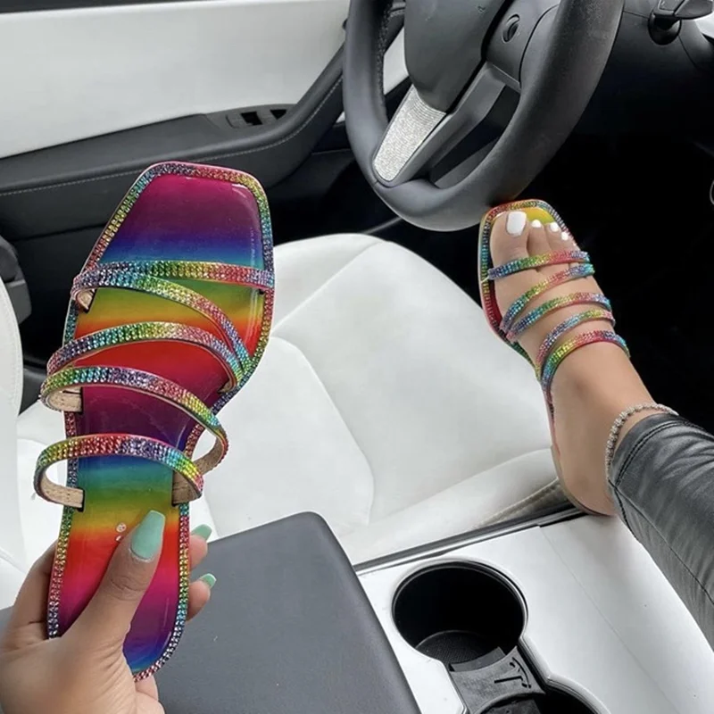 

Diamond Decorate Women Slides shoes Open Square Toe Flat Outdoor Beach Summer Women Slides Slippers shoes, Black colors