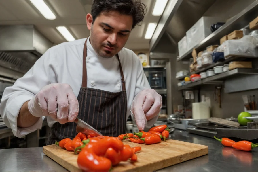 Chef wearing gloves while safely handling habanero peppers with proper kitchen ventilation