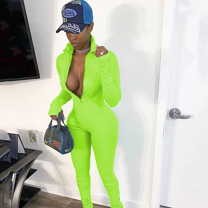 

Autumn New Long Sleeve Sports Bodycon Jumpsuits Winter One Piece Zip Jumpsuits Wholesale Long Pants V Neck Ribbed Jumpsuit Women