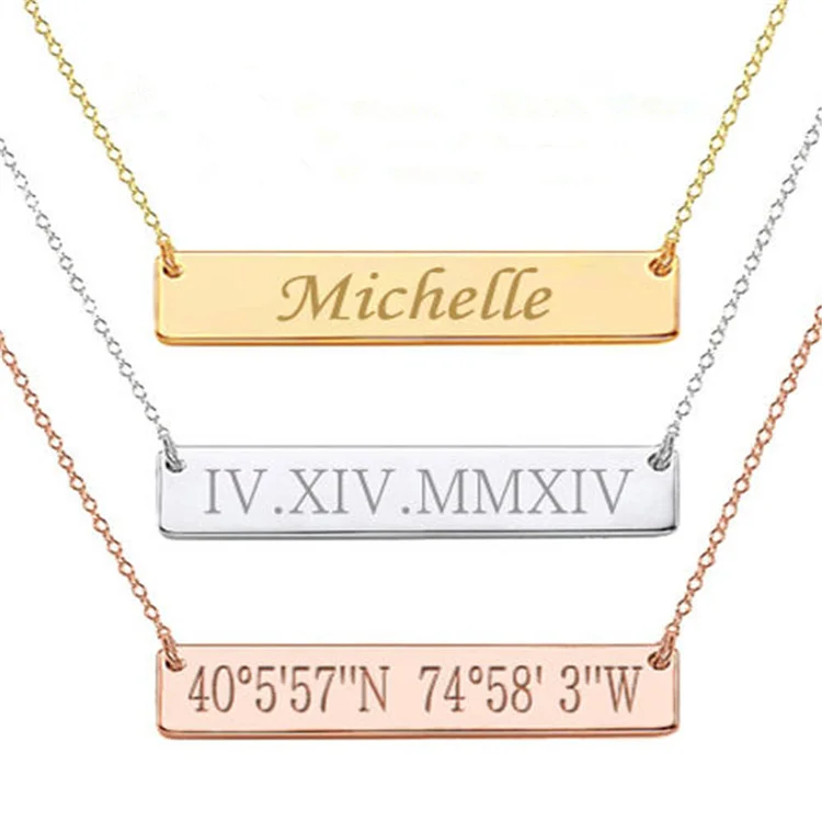 

Custom Personalised Stainless Steel womens necklaces sets engravable Blank rose gold plated silver Jewelry pendant bar necklace