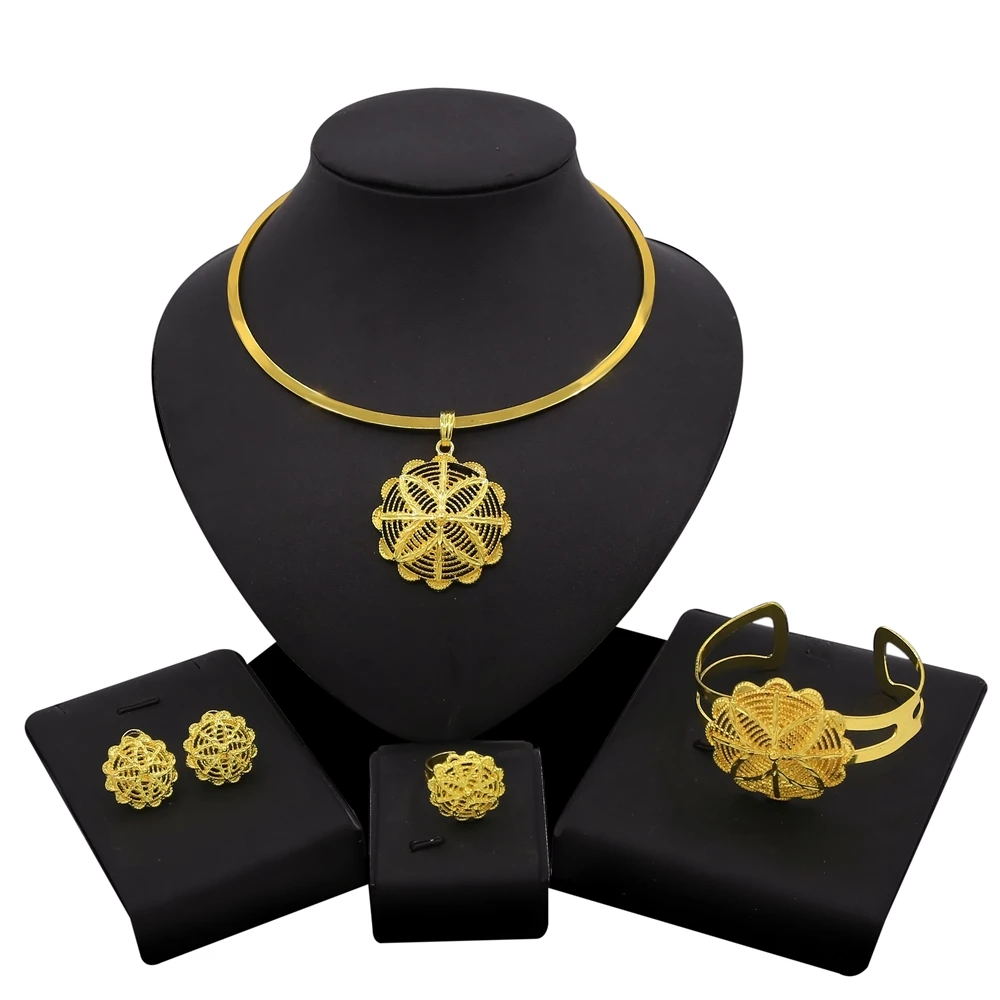 

Yulaili Collars Hollow Out Round Shape Flower Jewelry Sets Hot Sale Exquisite18K Italian Gold Women's Party Gift Jewellery Set