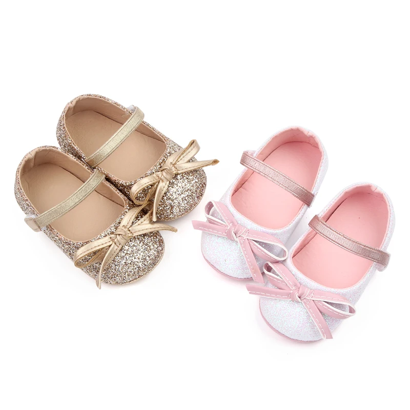 

Spring and autumn bow flash powder soft soled princess baby toddler shoes