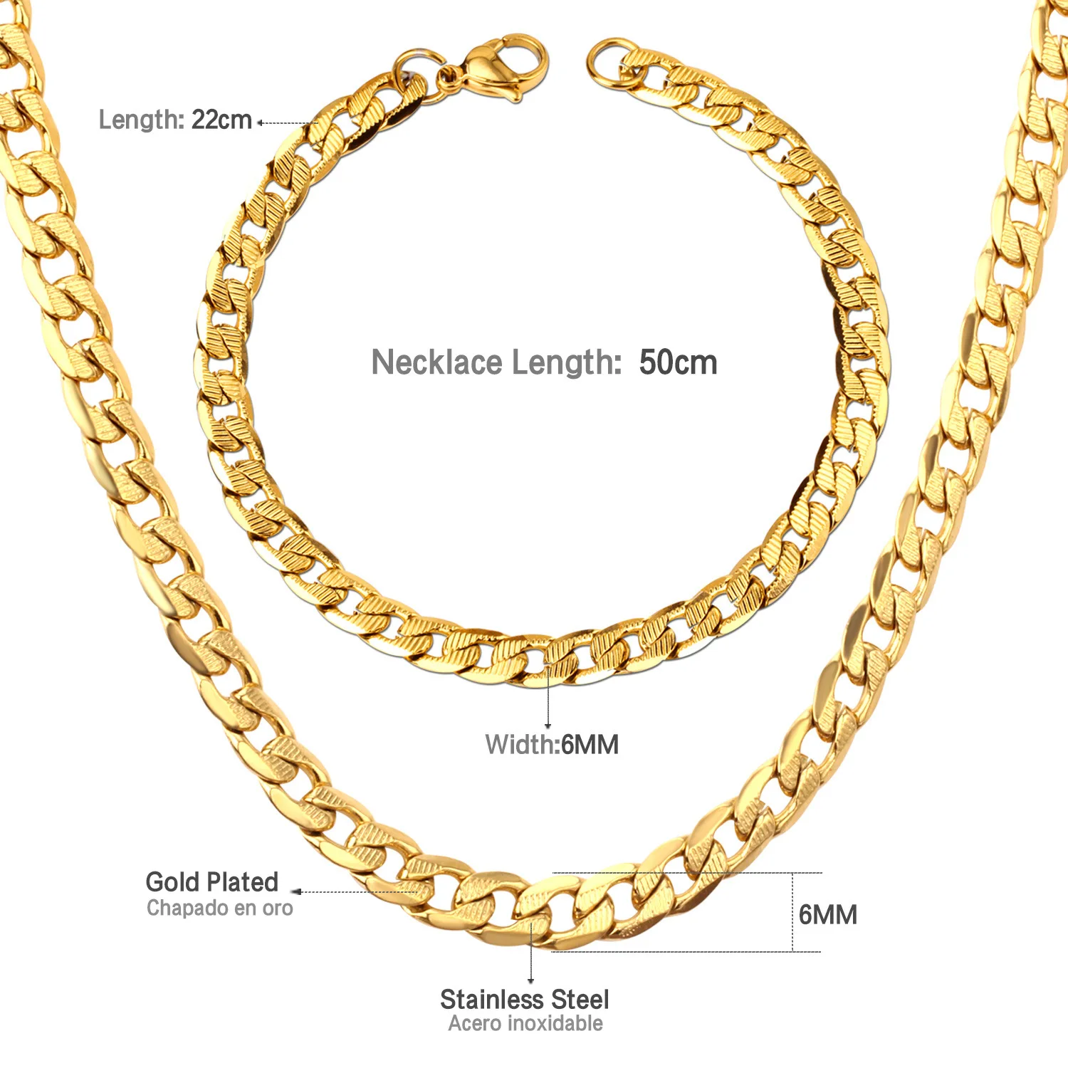 

High Quality Hip Hop Fashion Men Bracelet Gold Plated Stainless Steel Jewelry Link Chain Necklace Set