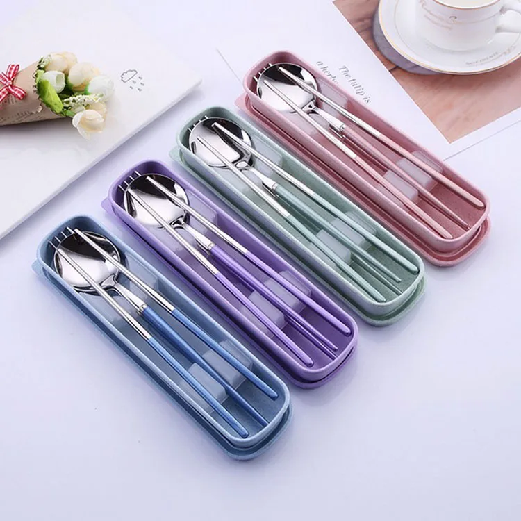 

Portable Cutlery Set Travel Cutlery stainless steel Spoon Chopsticks Fork and Wheat Box, Multiple colour