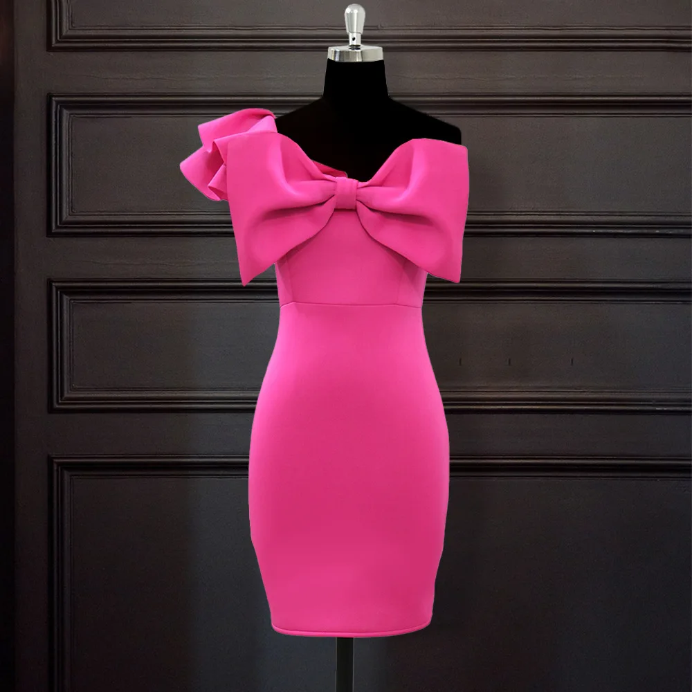 

High-end Fashion sexy one-shoulder bow-knot slim dress mid-length skirt female evening dress