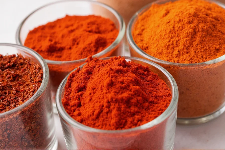 Close-up comparison of crushed red pepper, cayenne powder, and paprika in separate glass containers showing texture differences