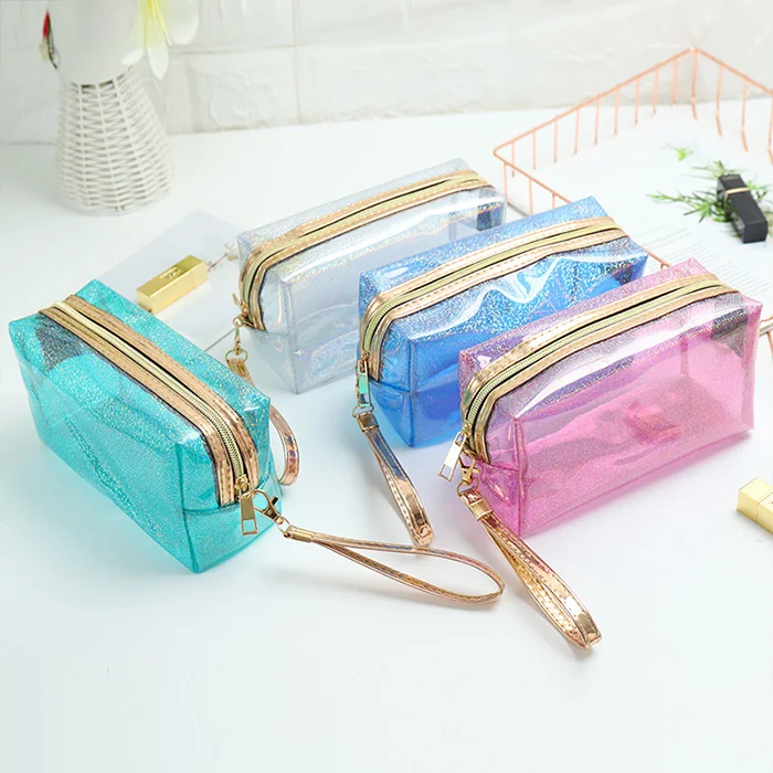 

Biodegradable Sustainable EVA Zipper Toiletry Bag Resealable Colorful Glitter Poly PVC Travel Cosmetic Transparent Bag, Customized